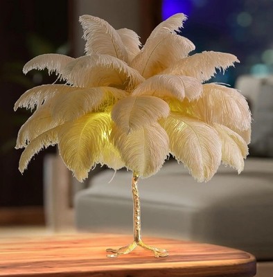 White Feather Lamp Ostrich Feather Table Lamp Modern Bedside Lamp for Princes...