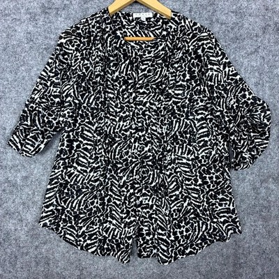 Chaus Office Blouse Womens Small Black White Funky Fun Roll Tab Sleeve Button Up