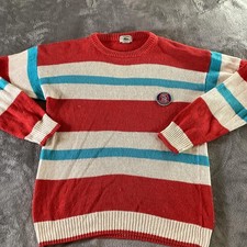 Vintage Izod Lacoste Sweater Boys Large Red Cream Crewneck Stripe Cotton 80s