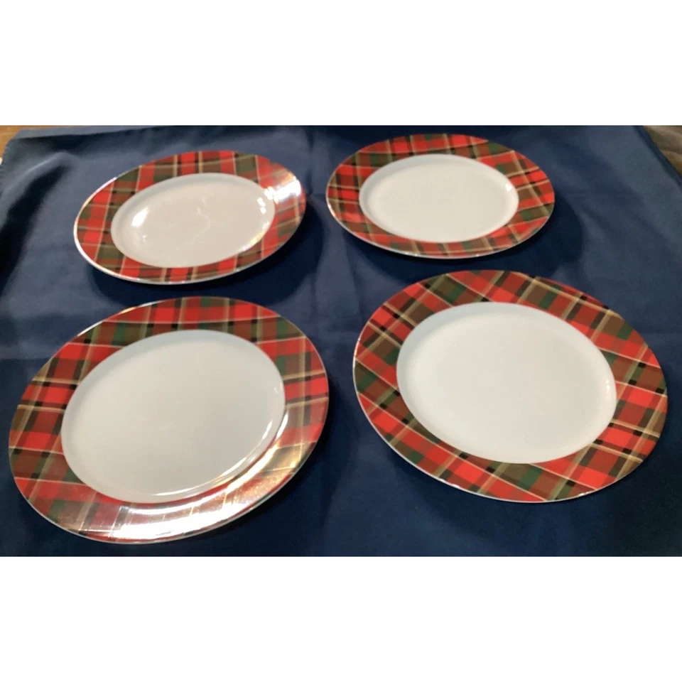 Juego de 4 platos de cena Pottery Barn China Carson tartán a cuadros 10,5" rojo verde Foto 2 de 4