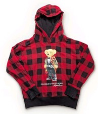 Polo Ralph Lauren Polo Bear Graphic Hoodie Kids SZ Medium 8-10 Red Black Plaid