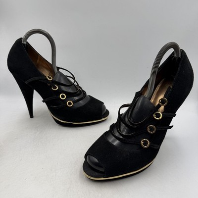 Topshop Schwarz Wildleder Peeptoe Plateau 5'' High Heels Gold Größe UK 7 EU 40