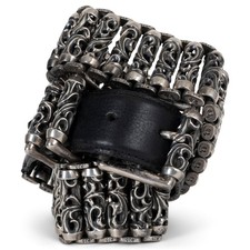73065 auth CHROME HEARTS black leather STERLING SILVER CELTIC ROLLER Belt 34