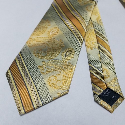 Stacy Adam Gold Gray Yellow Stripe, Paisley Extra Long Tie And Handkerchief Set - Picture 2 of 13