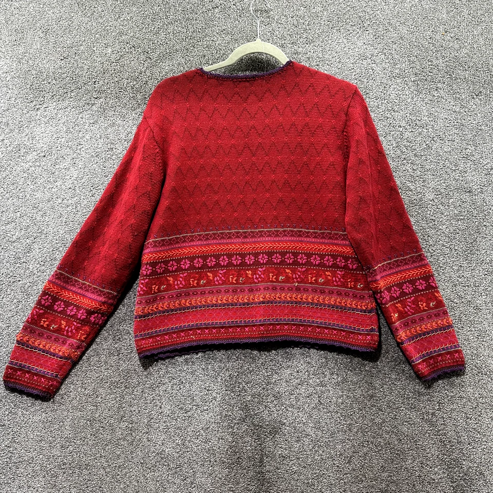 复古 MFA 波士顿开衫毛衣女式小号红色花卉刺绣波西米亚小屋 — 第 2/4 张图片