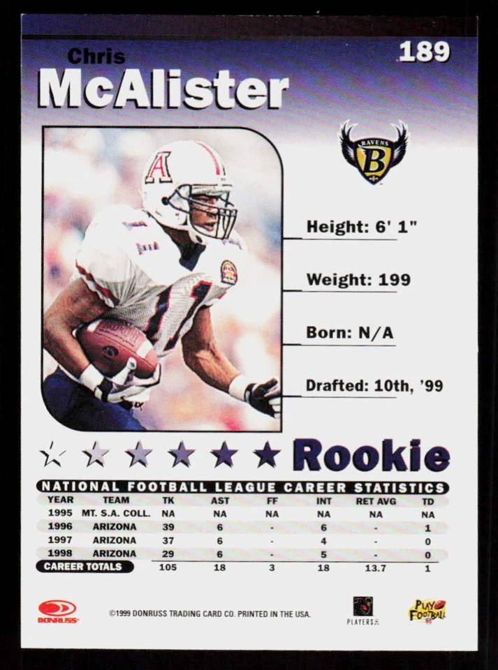 1999  Donruss Elite RC Chris McAlister #189  Football Ravens  RC - Image 2 of 2