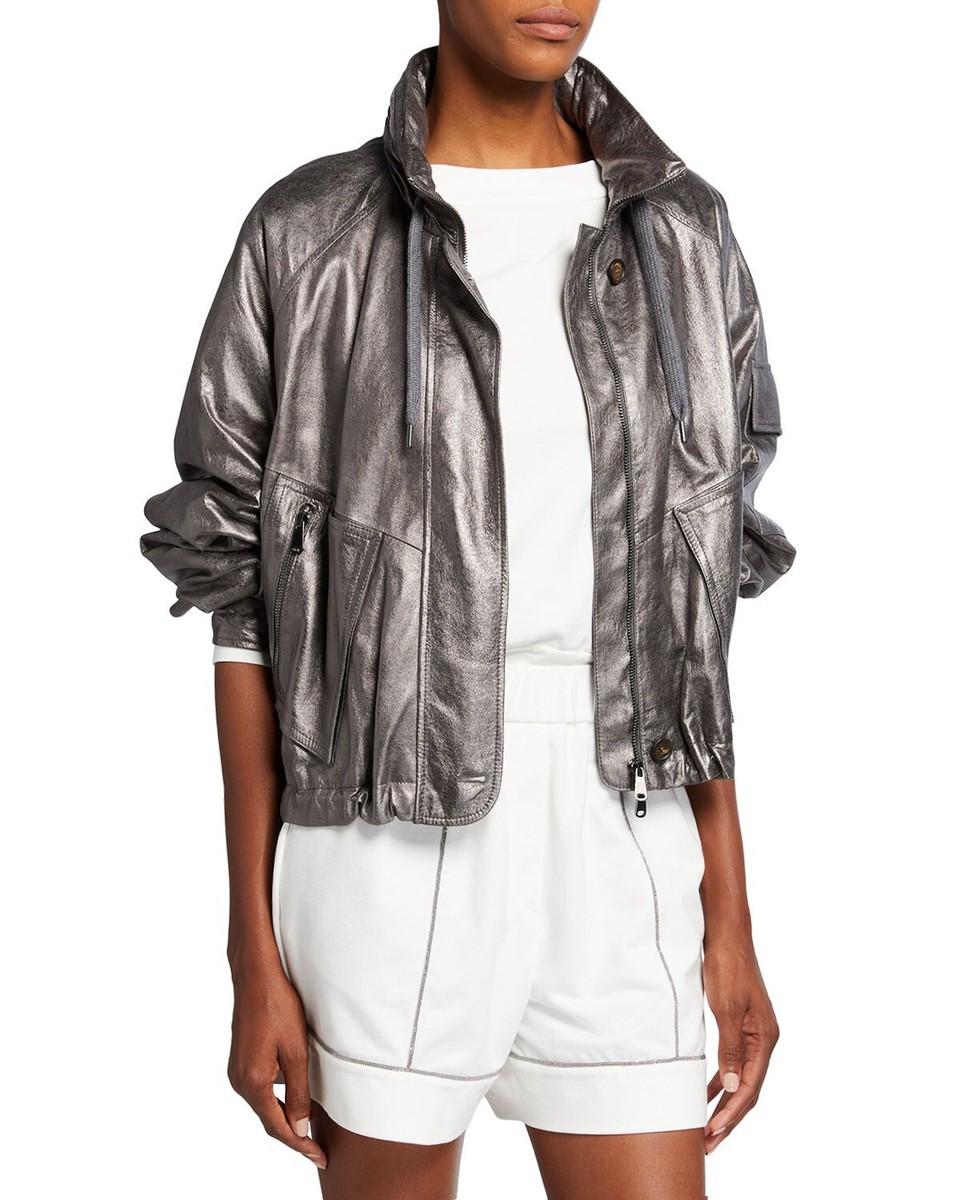 Brunello Cucinelli Leather Jacket Metallic Top Monili Trim