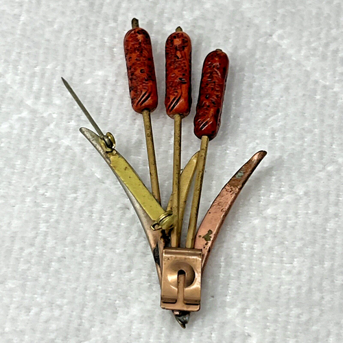 Cattail Resin And Mix Metal Leaf Gold Tone Brooch Or Button Slip - Picture 4 of 7