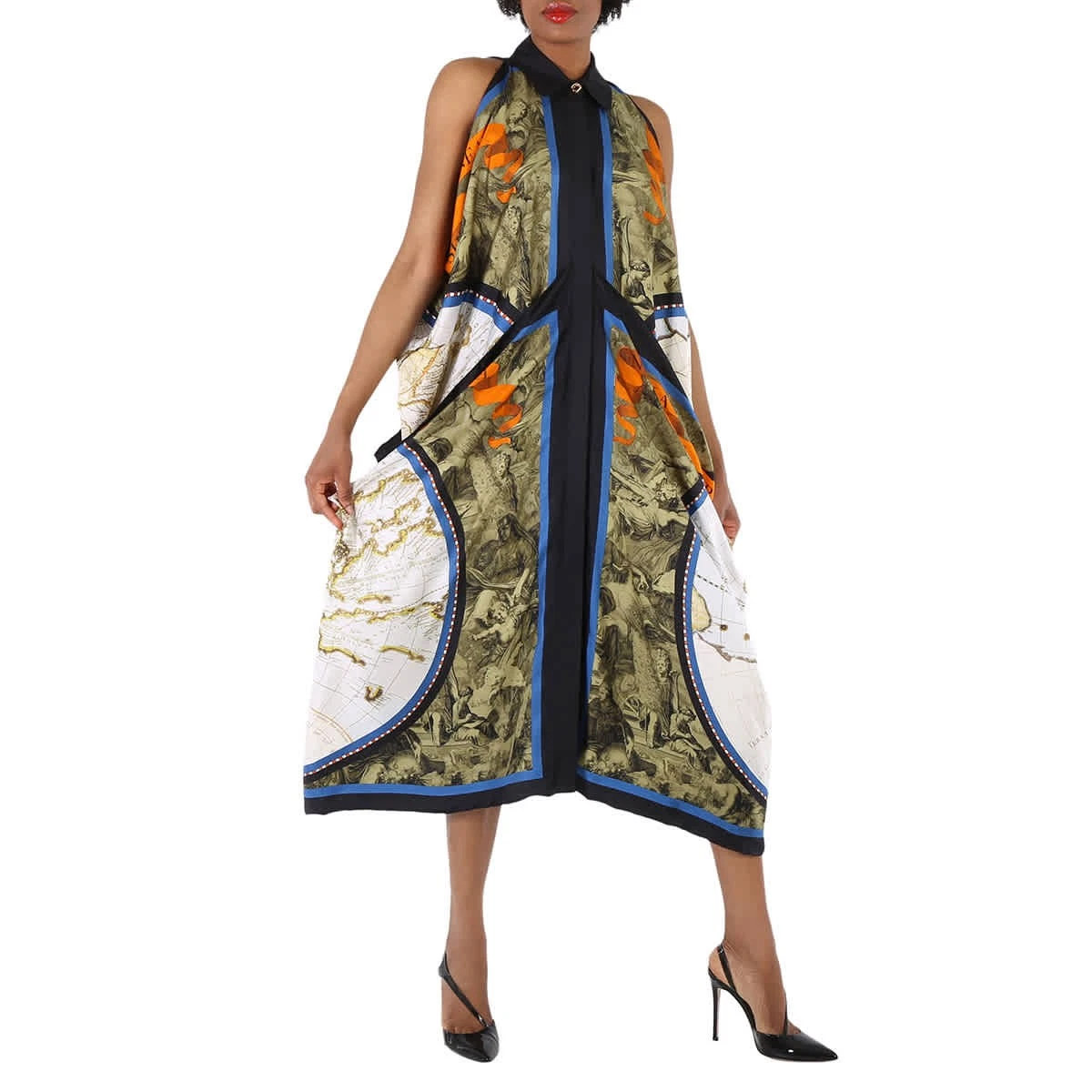 Abito donna Burberry vintage in seta drappeggiato con stampa mappa verde