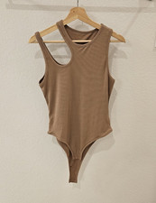 Women s Brown Ribbed Stretch Bodysuit One Piece, Size L, Snap Closure