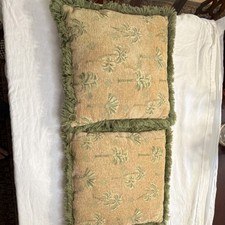 Tropical Palm Tree Decorative Square Throw Pillows Beige Green Fringe Set of 2