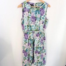 Talbots Floral A-Line Dress 6 Cottagecore Purple Blue Sleeveless Belted Cotton
