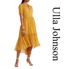Ulla Johnson Yellow Silk Pintuck Ruffle Tiered Midi Dress Size 0 Marigold V-Neck