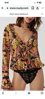 Intimately Free people Heatwave Floral Lace Long Sleeve Ruffle Bodysuit Sz L