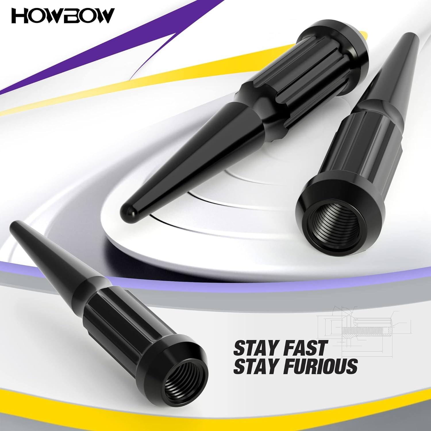 M14X1.5 Spike Lug Nuts, Set of 24 Black Spline Spiked Lug Nut with Key for Chevy