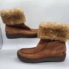 Born Shearling Cuff Leather Ankle Moc Boots Brown Women's Size 11 