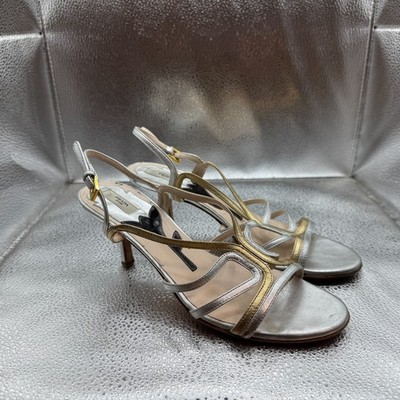 Size EU 35.5 Prada Platinum Gold Womens Leather Strappy Stiletto Heel Sandals