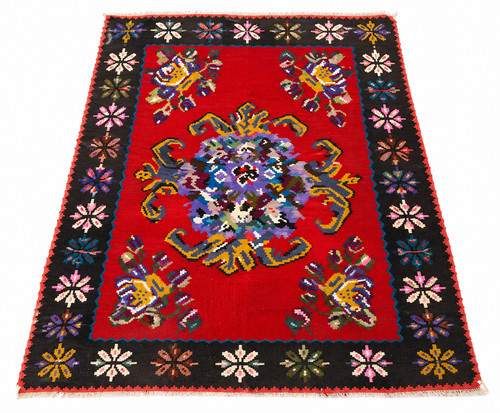 Vintage Romanian Bessarabian Kilim Rug Red Floral Flatweave 77" x 55" Carpet