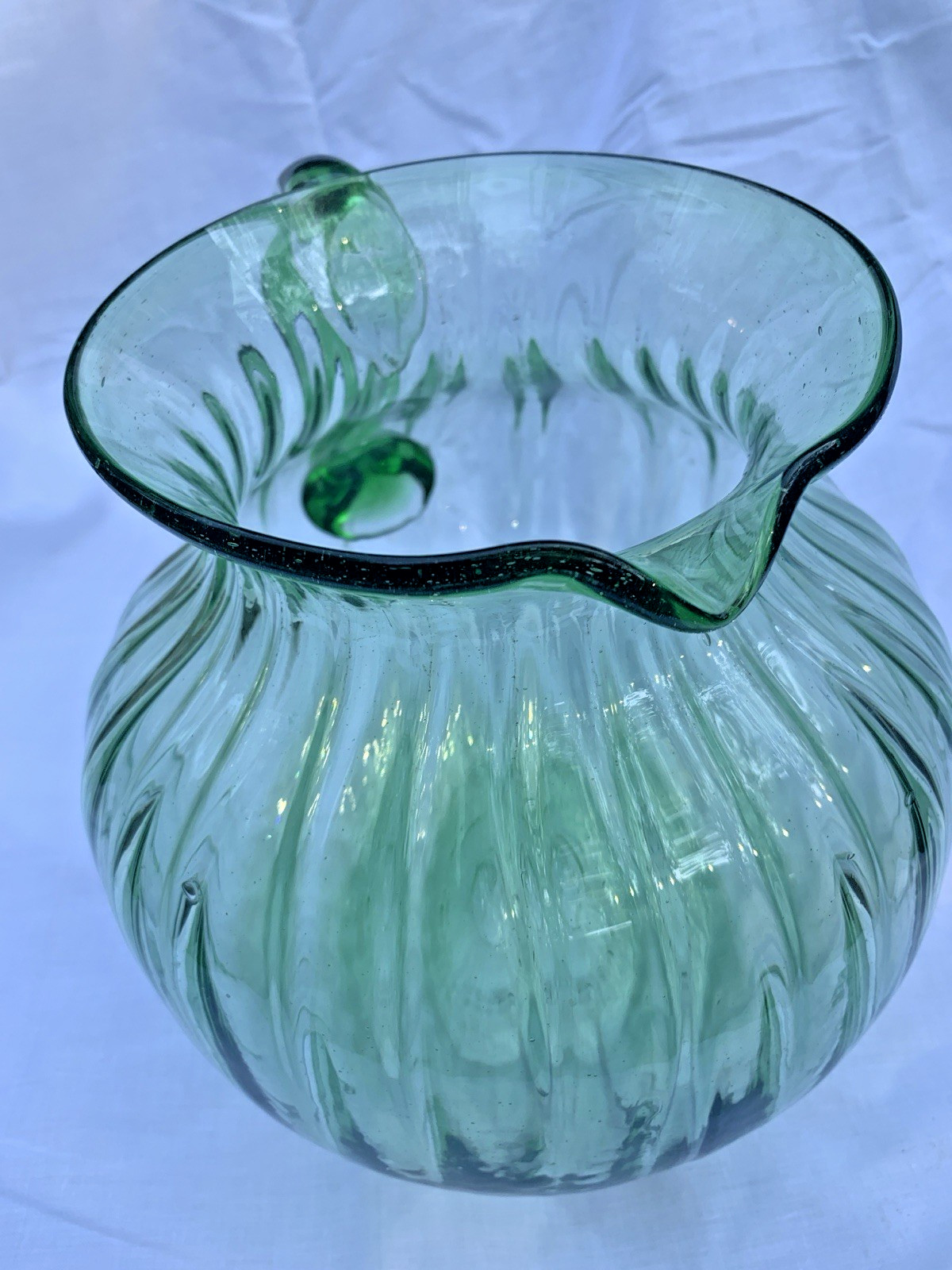 5 QT Vintage XL Hand Blown Green Optic Ribbed Glass Margarita Pitcher Mexico