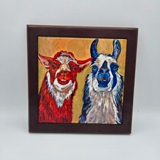 Llama Alpaca Framed Ceramic Tile Art Whimsical Animal Portrait 8x8 Dark Wood