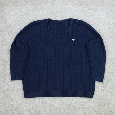 Chaps Pullover Damen 3X dunkelblau Baumwolle Zopfmuster gerippt V-Ausschnitt Wappen Logo warm