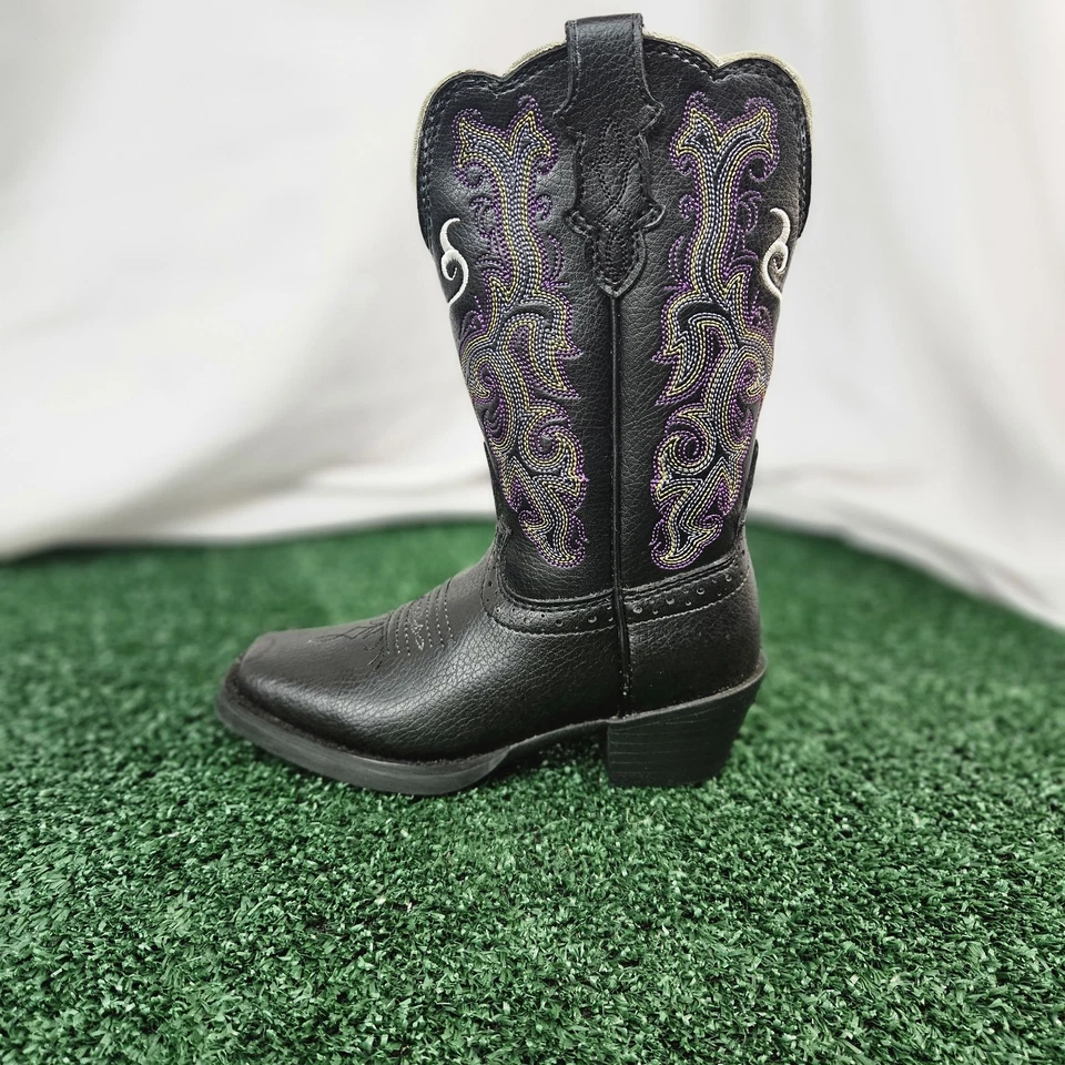 Bota estampida Justin 2554JR niños 9D cuero de vaca negro púrpura puntada blanca Foto 2 de 4