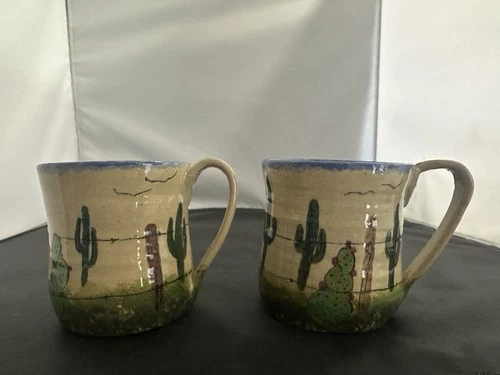 2 VTG Signed Handmade Pottery Mugs Cactus Windmill Western