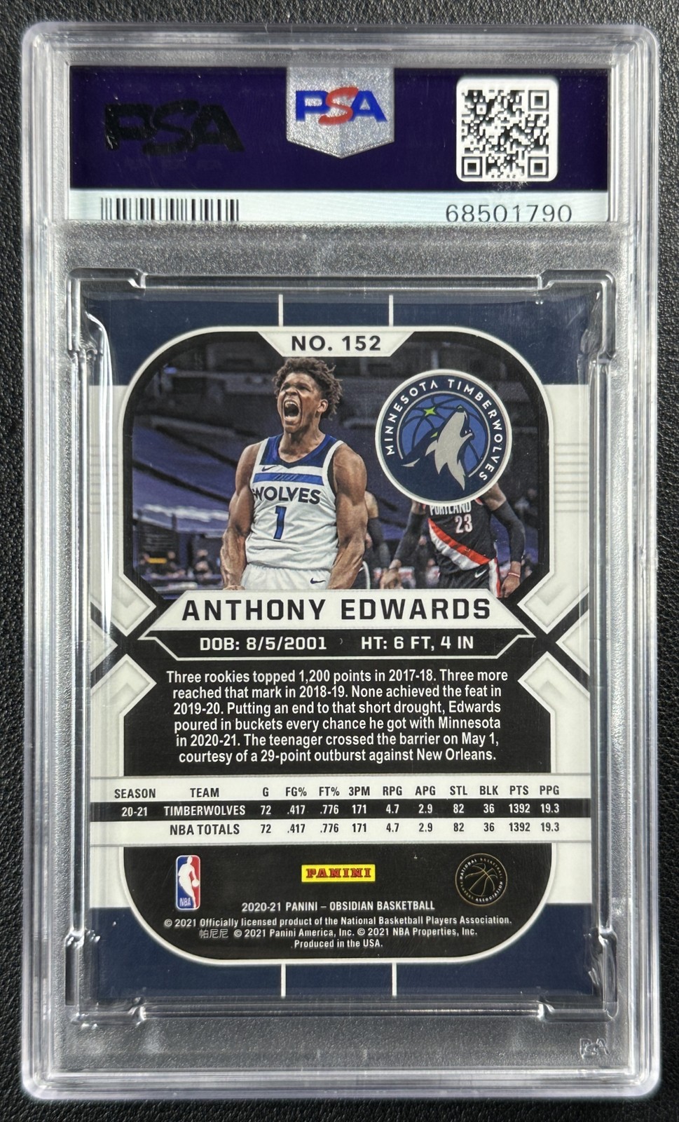 ANTHONY EDWARDS PSA 10 2020-21 PANINI OBSIDIAN #152 ROOKIE RC TIMBERWOLVES 1790 view 2