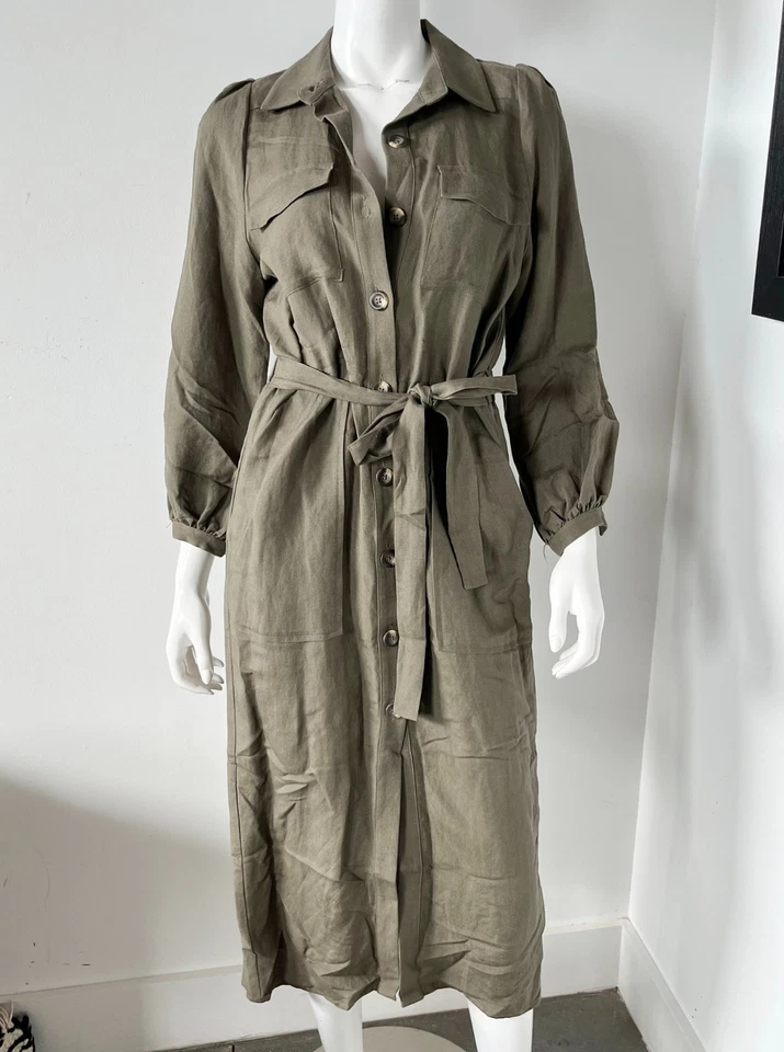 Vestido utilitario Emerson Fry verde mezcla de algodón midi lazo cintura talla pequeña Foto 4 de 4