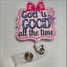 God Is Good Badge Reel Pink ID Holder Alligator Clip Religious