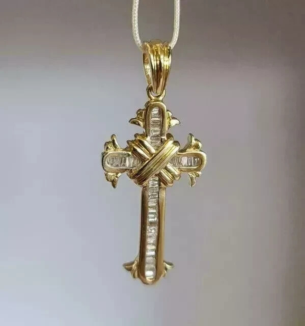 14K Gold Plated Cross Pendant with 2.36 Ct Simulated Diamond Baguettes