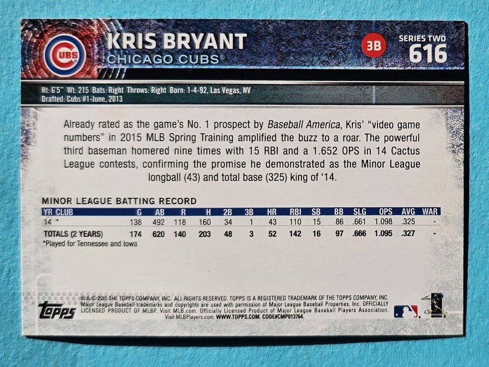 2015 Topps 616 Kris Bryant Batting rc ROCKIES ROOKIE Baseball Card eBay