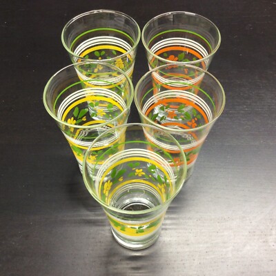 5 Vintage Libby Ring Striped Floral Drinking Glasses Flared Orange Green Yellow