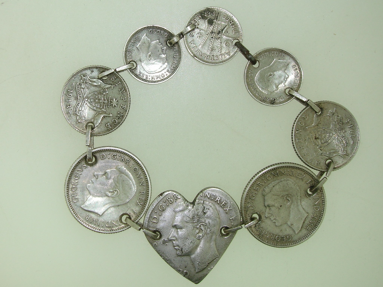 VINTAGE 1943-44 AUSTRALIA STERLING SILVER SHILLING, 6 PENCE, 3 PENCE BRACELET!