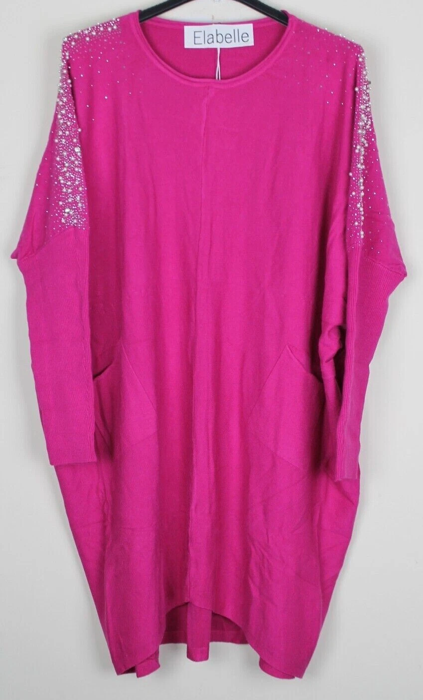 OFF WHITE Abito da donna Lagenlook maniche da pipistrello scintillante perla diamante design a costine lavorato a maglia