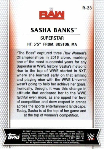 Tarjeta de lucha libre 2017 Topps WWE Women's Division RAW #R-23 Sasha Banks - Imagen 2 de 2
