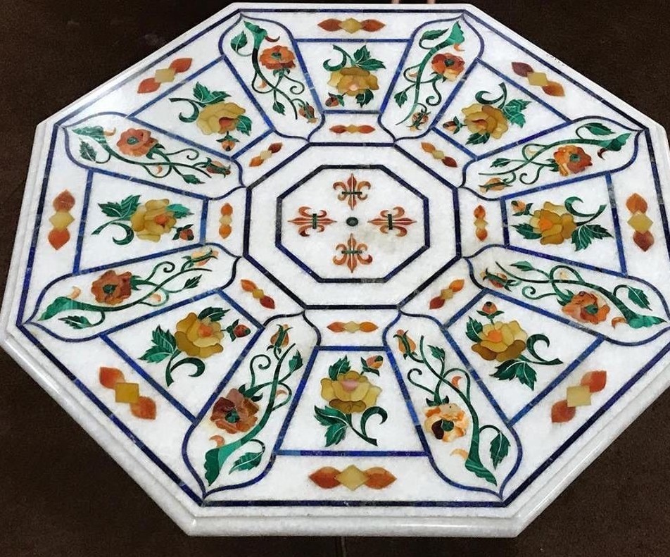 36-inch White Marble Table Top with Handcrafted Pietra Dura Inlay Design
