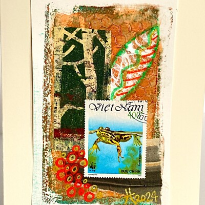 Collage Art Frog Vietnam Postage Handmade Original Blank Greeting Card+Envelope