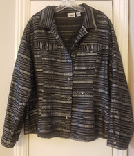 Chico's Black Silver Tweed Striped Jacket Embellished with Sequins Sz 3