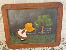 Hand painted & Signed Framed Slate/Chalkboard Art - Young Girl Yellow in field