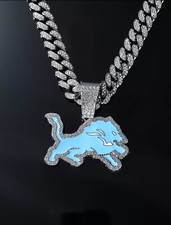 DETROIT LIONS GEM NECKLACE Silver Bling Football Pendant /w 24" Cuban Chain