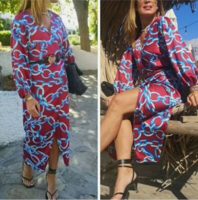 BNWT ZARA MULTICOLOURED CHAIN PRINT SATIN MIDI DRESS WITH KNOT DETAIL SIZE  Small | eBay
