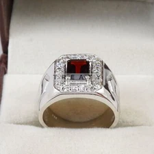 Garnet Emerald Cut Gemstone With 925 Sterling Silver Ring For Men's #B753