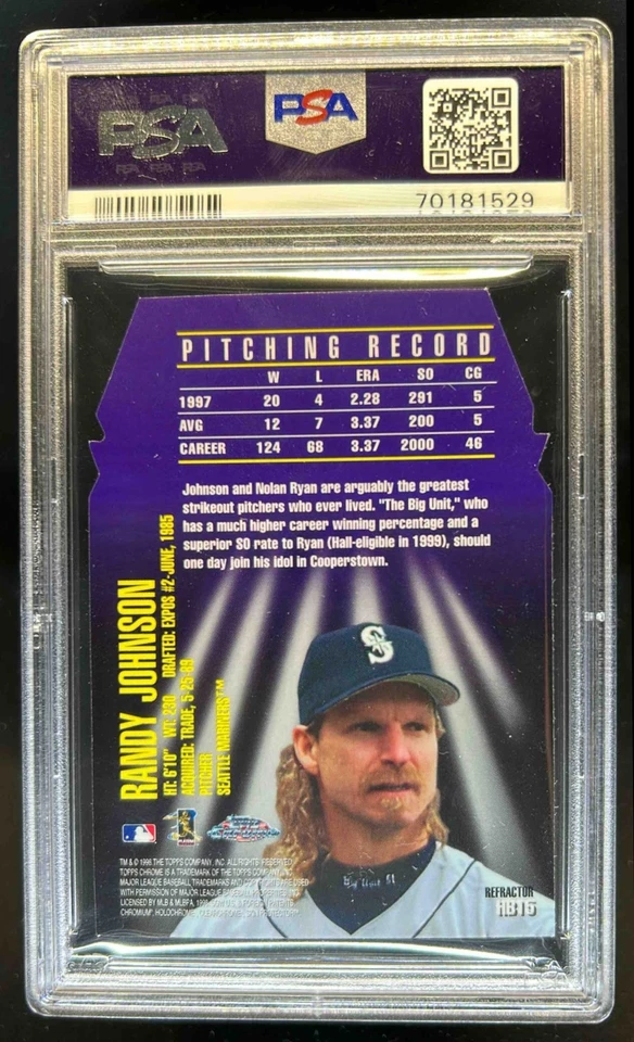 1998 Topps Chrome Randy Johnson Hall Bound Refractor #HB15 Mariners PSA 8 - Image 2 of 2