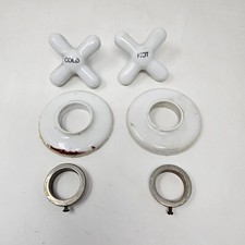 Vintage White Porcelain Hot Cold Faucet Cross Handles W/ Escutcheons