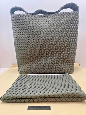 Naghedi Nomad Medium Hobo Bag Laurel Gray Green Woven Neoprene Purse Pouch Dust