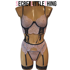Pink Lace Lingerie Set 4 Piece Bra Thong Garter Suspender Stockings