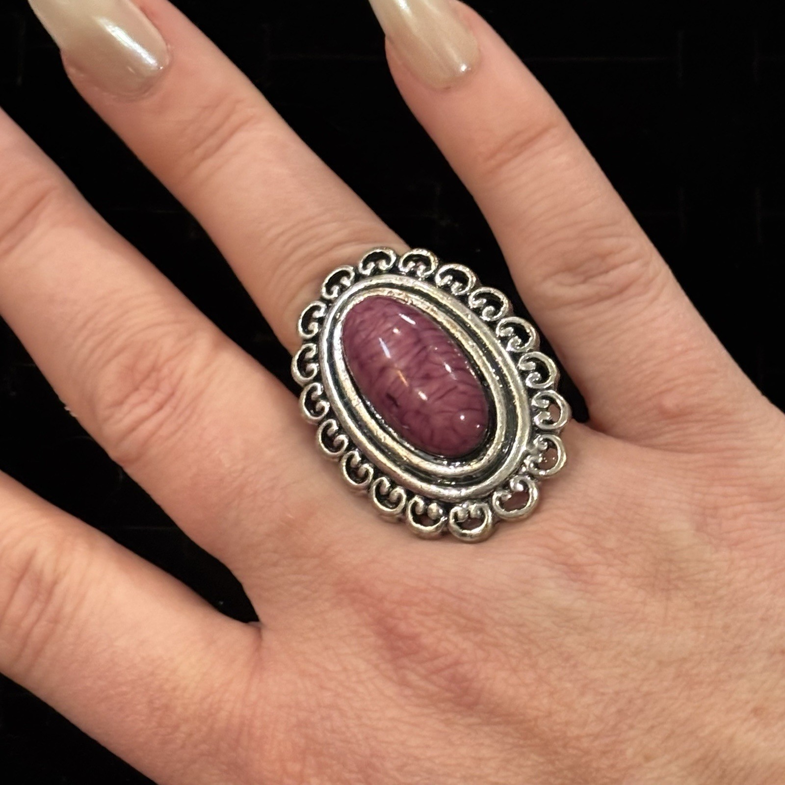 Adjustable Silver Tone Statement Ring Oval Purple… - image 1
