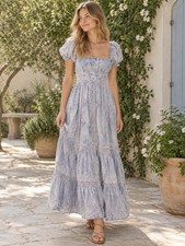 LoveShackFancy Norma Dress Washed Denim Blue size 0 Embroidered