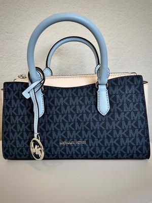 New Michael Kors Small Satchel Handbag, Leather, Navy Exterior
